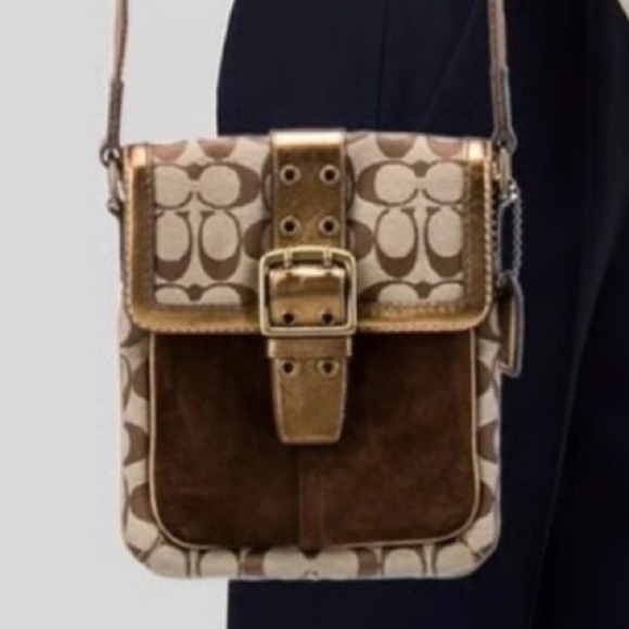 Coach Legacy Suede Signature Canvas Bronze Brown Buckle Flap Crossbody Bag 7x8x1 - Picture 14 of 16